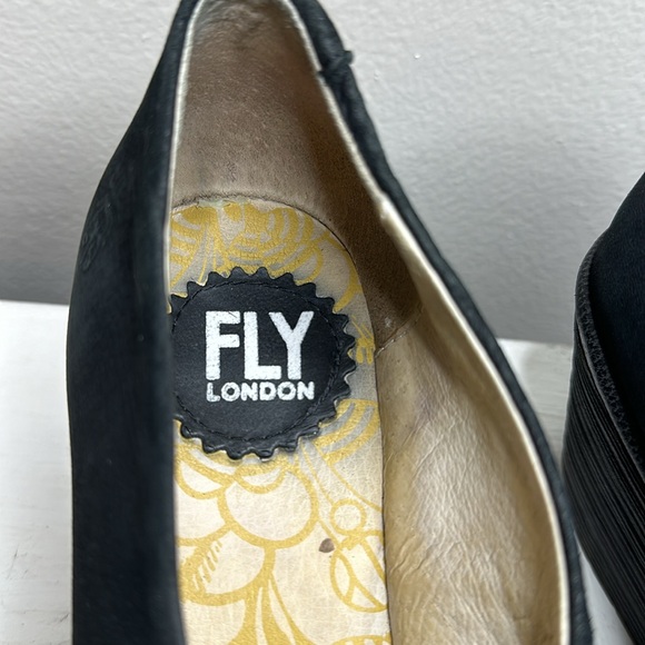 Fly London Yaz Black Leather Suede Chucky Wedge Heels Slip On Shoes EU 38 US 7 - Picture 5 of 12